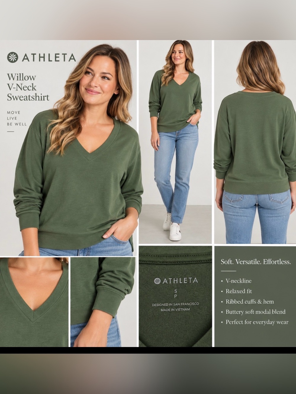 Athleta Willow V-Neck Sweatshirt Green Modal Blend Size Small